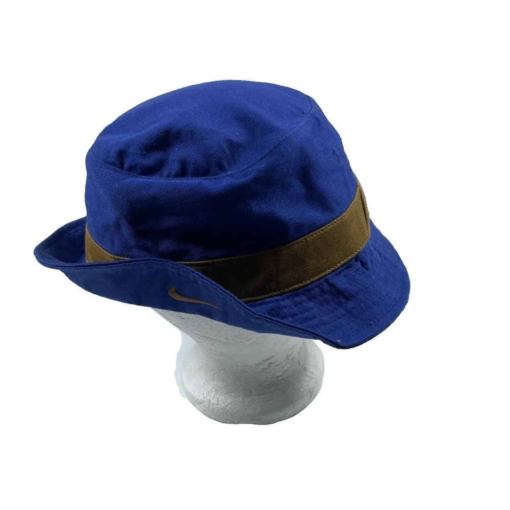 Vintage Nike Bucket Hat Womens Blue Brown Logo Cotton Outdoor Hiking 90s Y2K